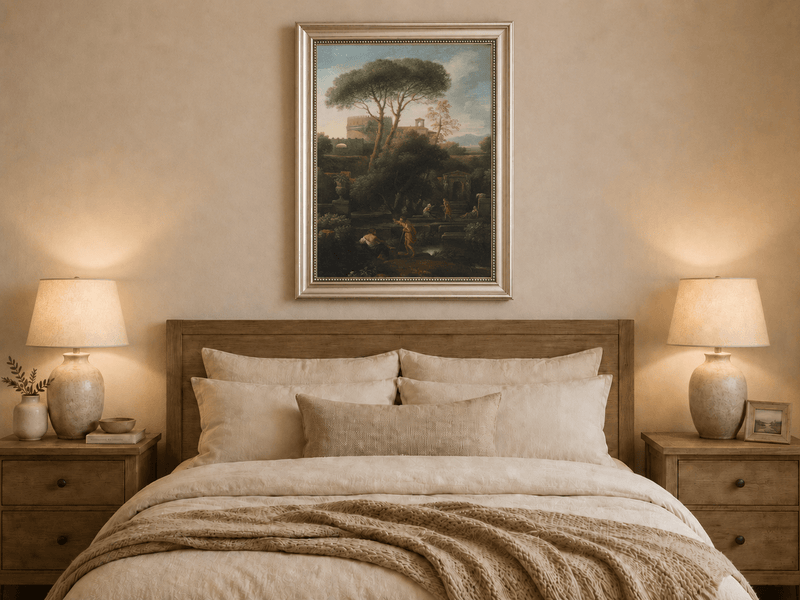 Peinture à l'huile de paysage - Rivière printanière avec pêcheur et arbres