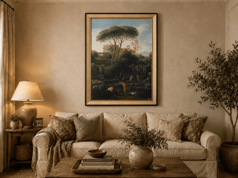Peinture à l'huile de paysage - Rivière printanière avec pêcheur et arbres