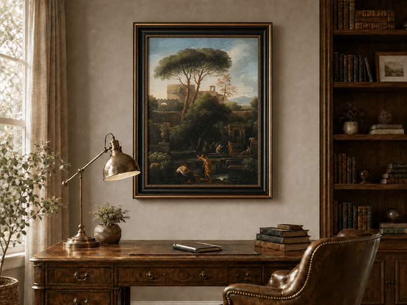 Peinture à l'huile de paysage - Rivière printanière avec pêcheur et arbres