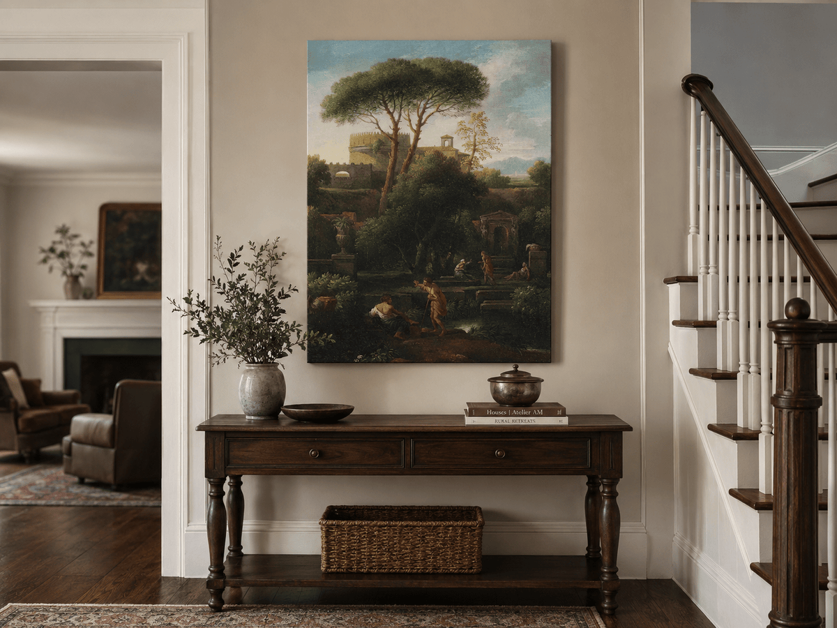 Peinture à l'huile de paysage - Rivière printanière avec pêcheur et arbres