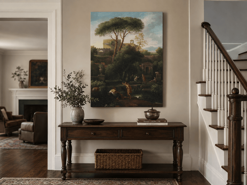 Peinture à l'huile de paysage - Rivière printanière avec pêcheur et arbres
