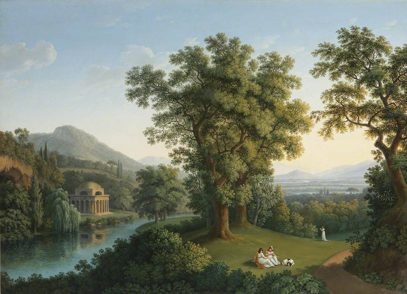 Hand-painted classical garden with temple and river landscape oil painting on canvas
