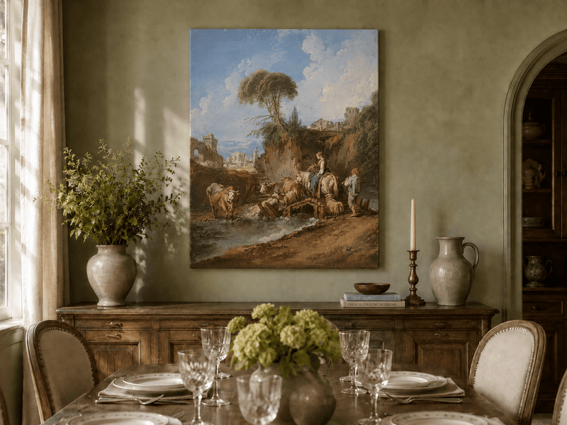 Peinture à l'huile de paysage - Rivière printanière avec pêcheur et arbres