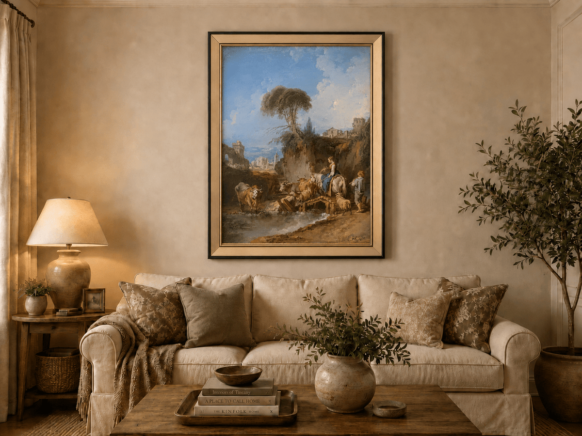 Peinture à l'huile de paysage - Rivière printanière avec pêcheur et arbres