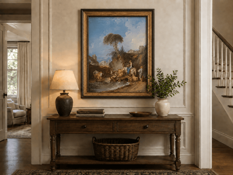 Peinture à l'huile de paysage - Rivière printanière avec pêcheur et arbres
