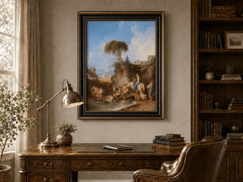 Peinture à l'huile de paysage - Rivière printanière avec pêcheur et arbres