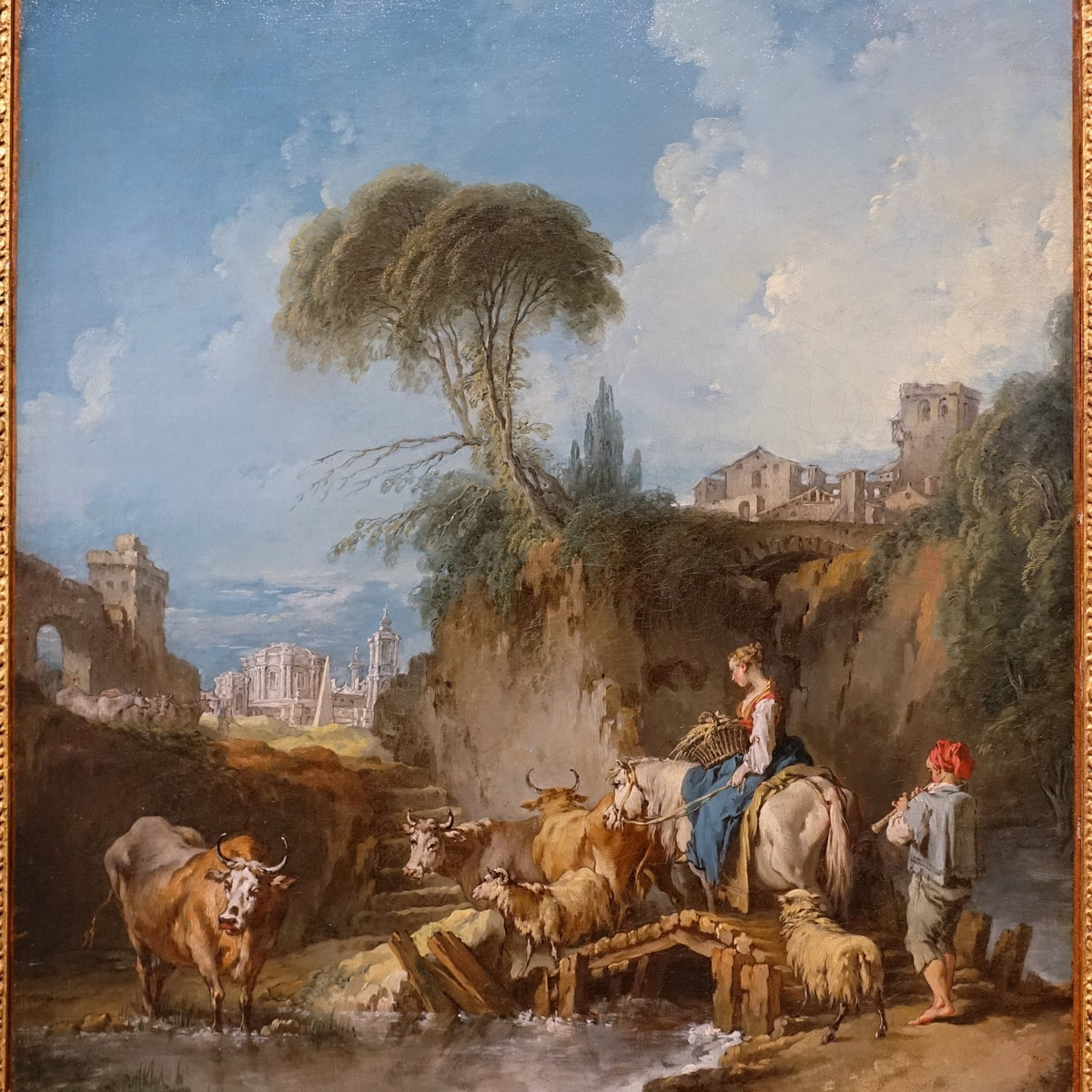 Landscape Oil Painting - Classical Herdsman Crossing Stream - Oil Painting Haven