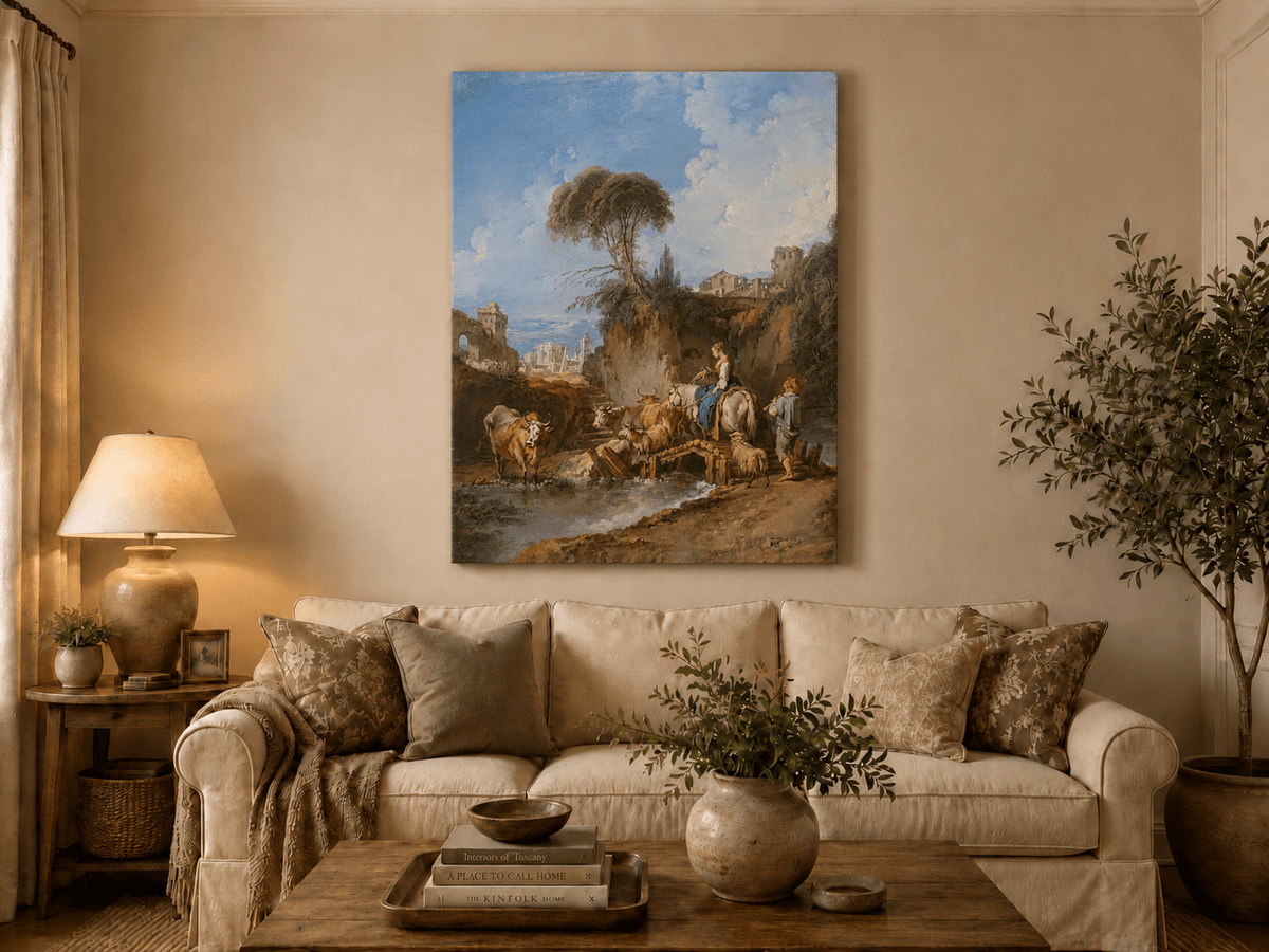 Peinture à l'huile de paysage - Rivière printanière avec pêcheur et arbres