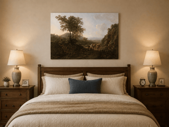 Classical Italian countryside oil painting displayed as landscape wall decor.