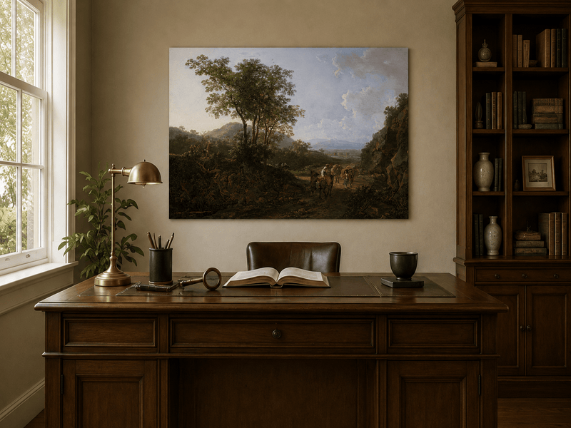 Interior wall art view featuring a classical Italian countryside oil painting.