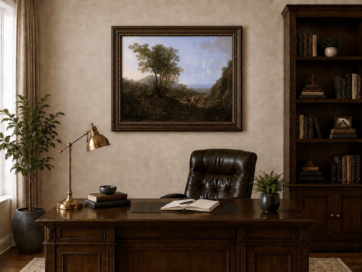 Italian countryside landscape oil painting presented in an interior wall art mockup.