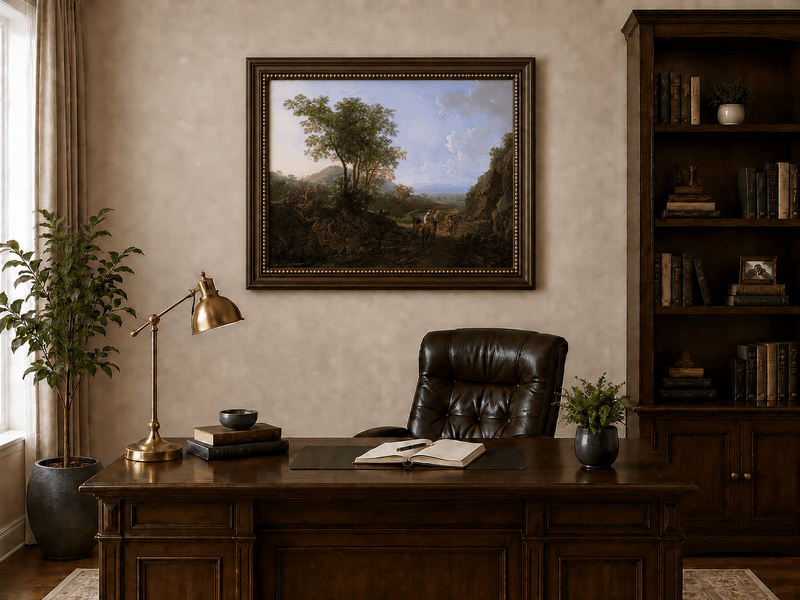 Italian countryside landscape oil painting presented in an interior wall art mockup.