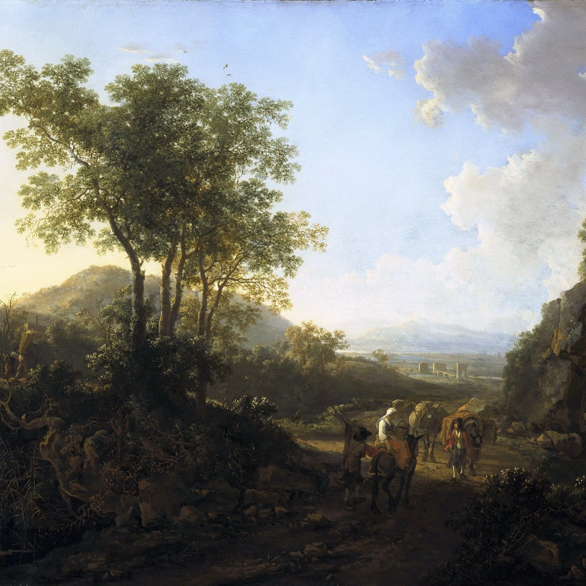 Landschaftsgemälde in Öl – Winterliche Flusslandschaft mit Figuren und Pferden