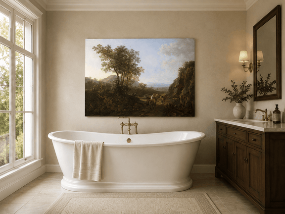 Classical Italian countryside landscape oil painting presented as styled home decor.