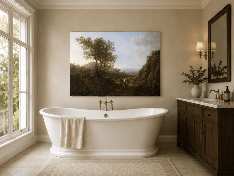 Classical Italian countryside landscape oil painting presented as styled home decor.