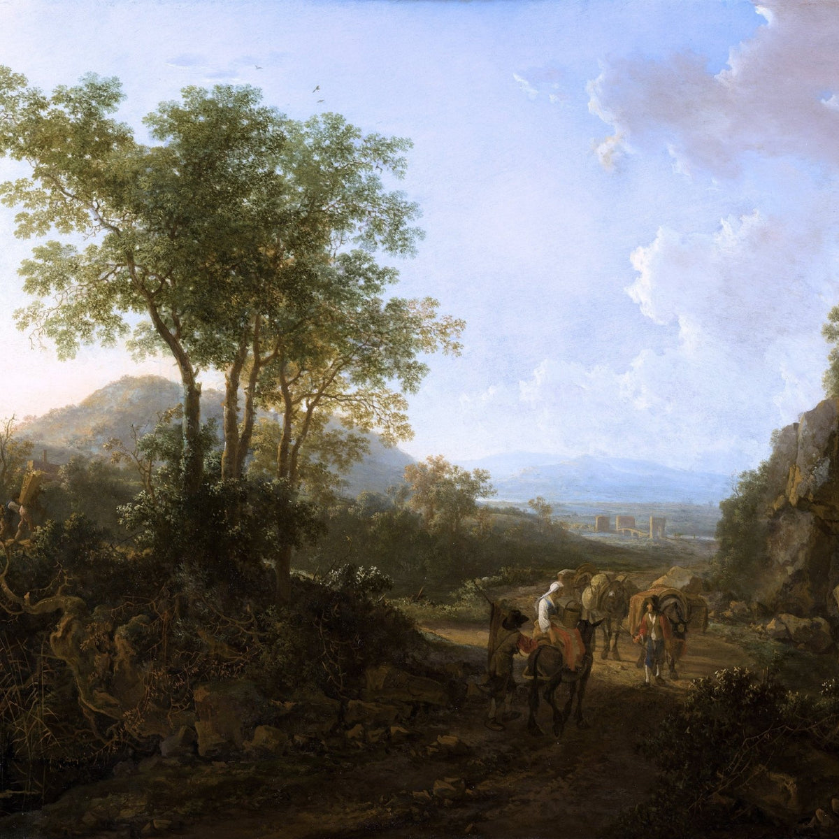 Classical Italian countryside landscape oil painting with hand painted textured brushwork, featuring tall trees, distant. - Add Frame, Canvas, Country, Figure, Hand Painted, Landscape, Made To Order, Mountain, Oil Painting