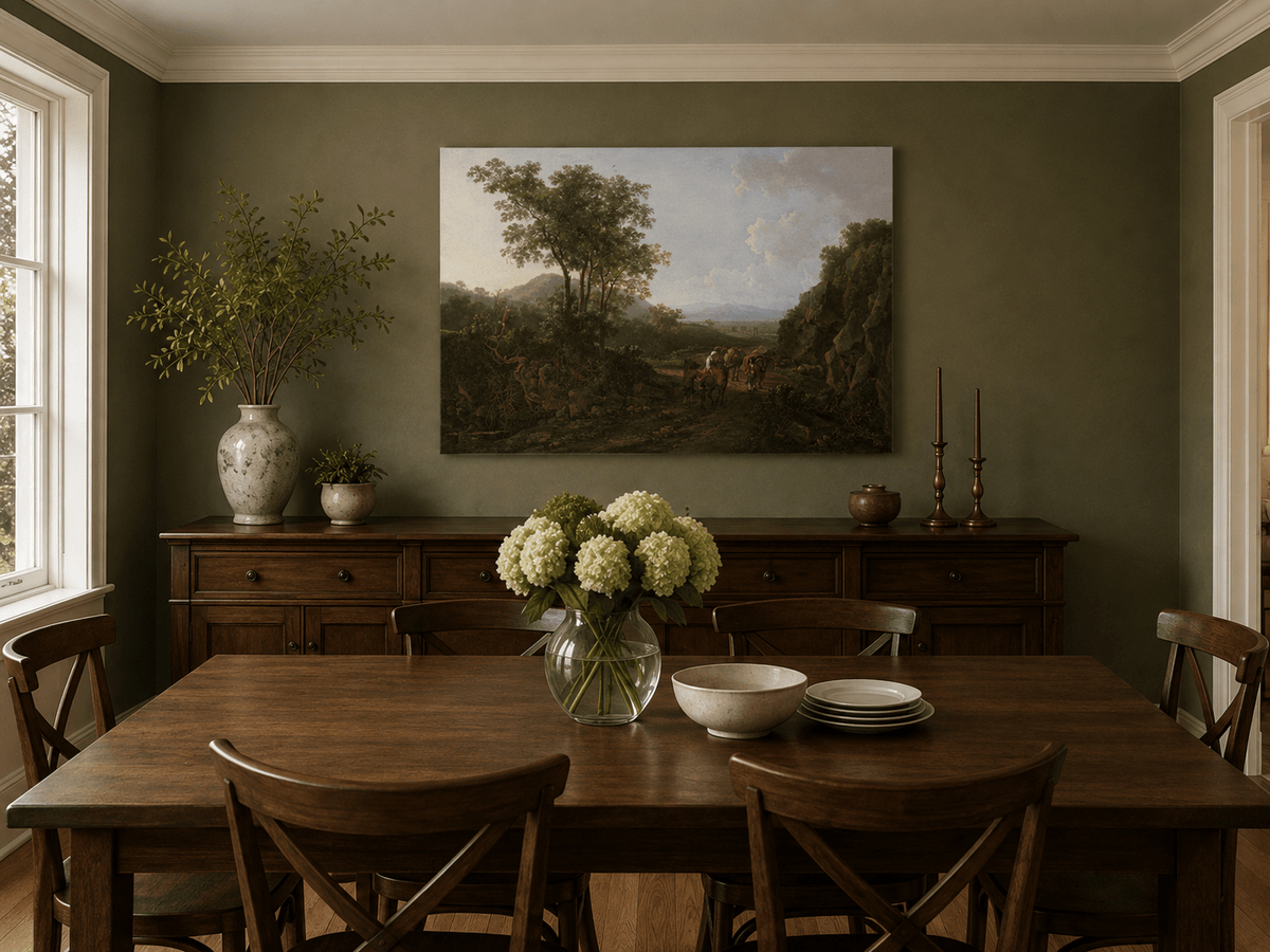 Hand-painted Italian countryside landscape artwork in an interior display.