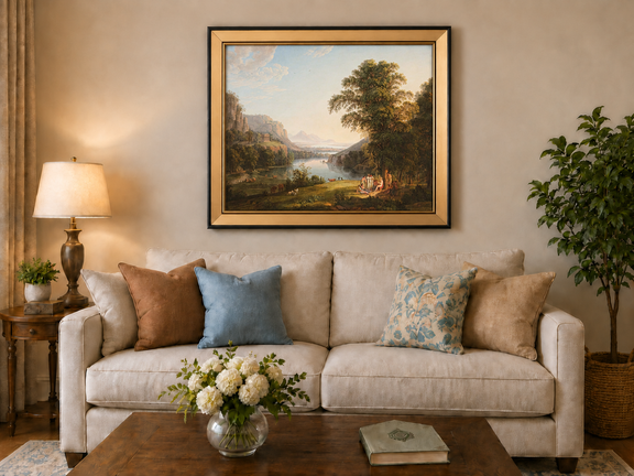 Hand-painted Classical Lake Valley with Figures landscape oil painting displayed as wall art in a styled interior