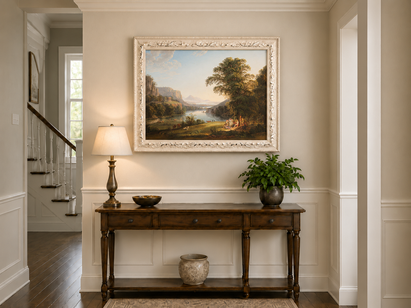 Hand-painted Classical Lake Valley with Figures landscape oil painting displayed as wall art in a styled interior