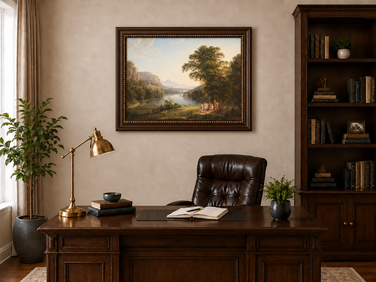 Hand-painted Classical Lake Valley with Figures landscape oil painting displayed as wall art in a styled interior