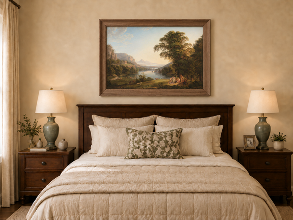 Hand-painted Classical Lake Valley with Figures landscape oil painting displayed as wall art in a styled interior