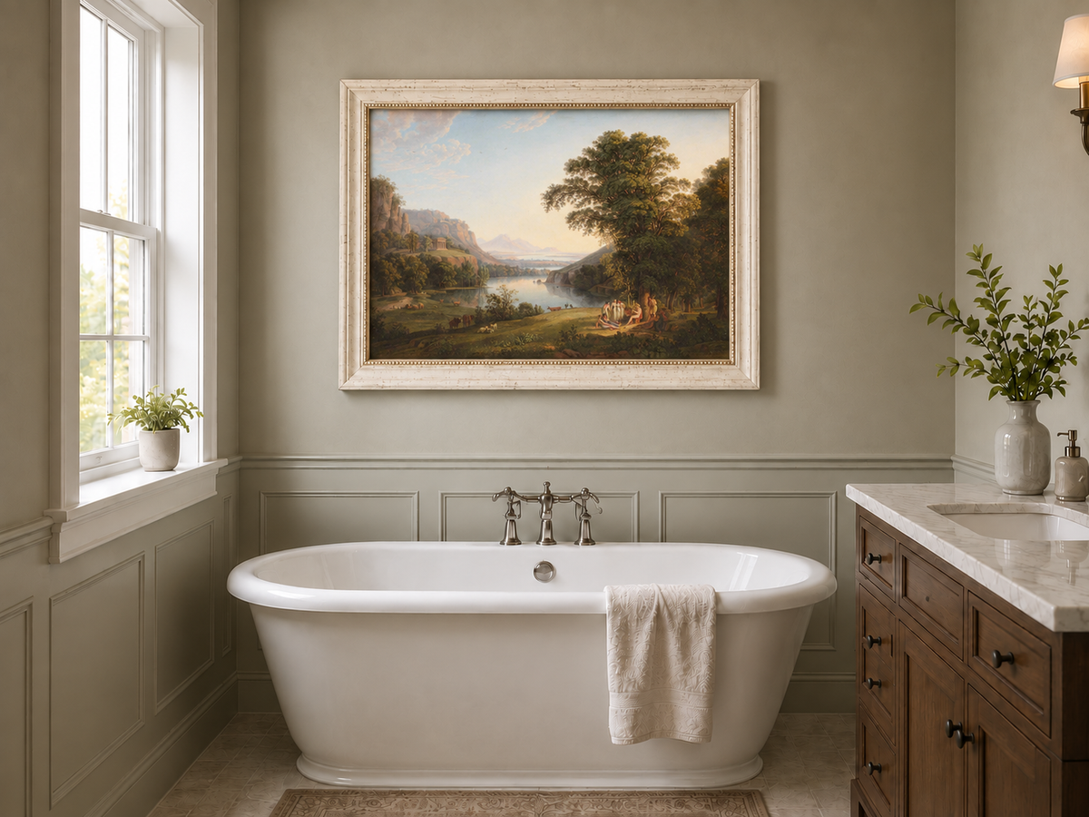 Hand-painted Classical Lake Valley with Figures landscape oil painting displayed as wall art in a styled interior