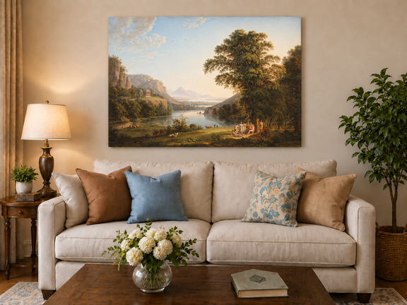 Hand-painted Classical Lake Valley with Figures landscape oil painting displayed as wall art in a styled interior