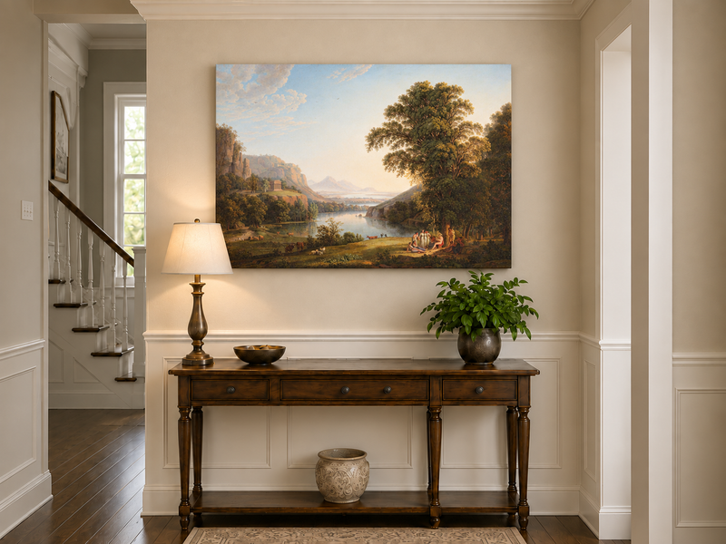Hand-painted Classical Lake Valley with Figures landscape oil painting displayed as wall art in a styled interior