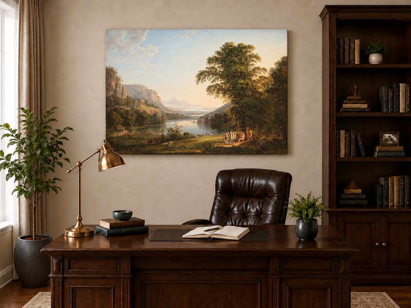 Hand-painted Classical Lake Valley with Figures landscape oil painting displayed as wall art in a styled interior