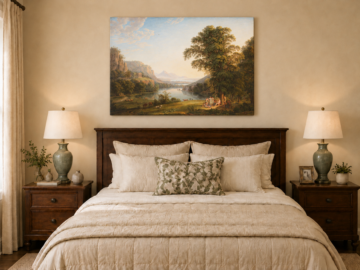 Hand-painted Classical Lake Valley with Figures landscape oil painting displayed as wall art in a styled interior