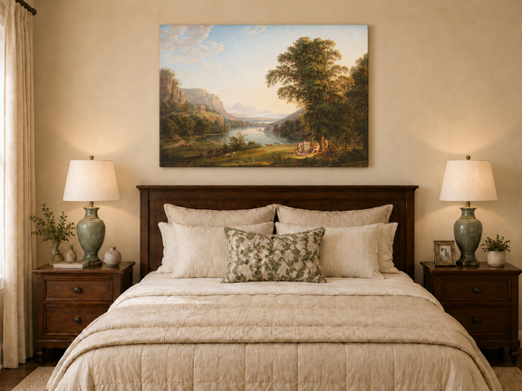 Hand-painted Classical Lake Valley with Figures landscape oil painting displayed as wall art in a styled interior