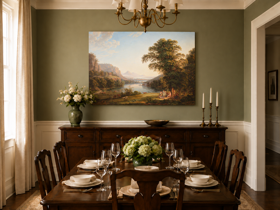 Hand-painted Classical Lake Valley with Figures landscape oil painting displayed as wall art in a styled interior