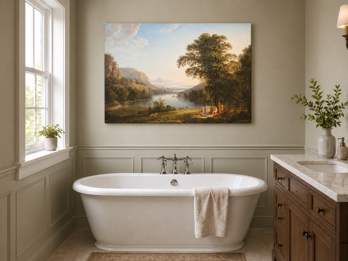 Hand-painted Classical Lake Valley with Figures landscape oil painting displayed as wall art in a styled interior