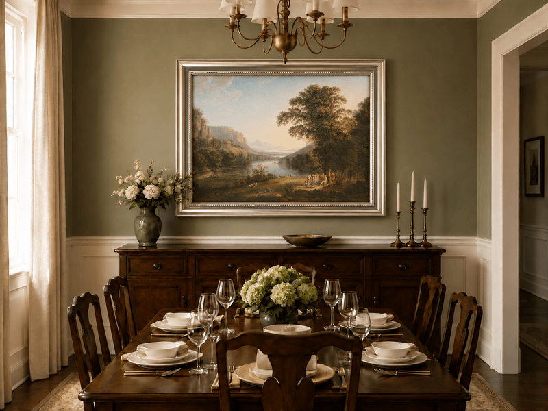 Hand-painted Classical Lake Valley with Figures landscape oil painting displayed as wall art in a styled interior