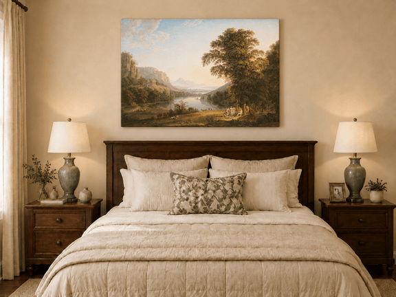 Hand-painted Classical Lake Valley with Figures landscape oil painting displayed as wall art in a styled interior