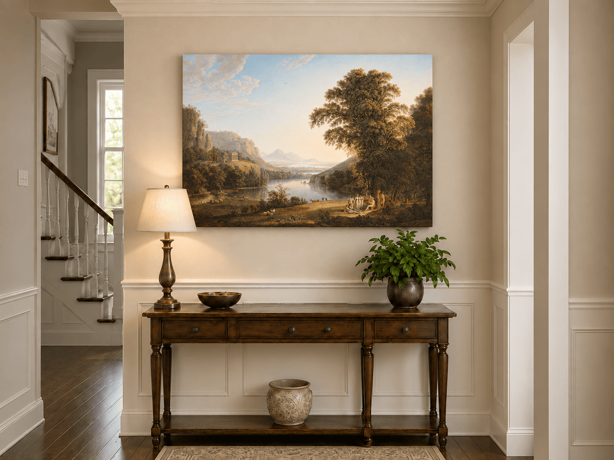 Hand-painted Classical Lake Valley with Figures landscape oil painting displayed as wall art in a styled interior
