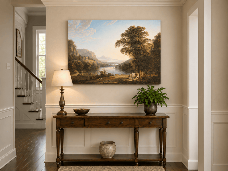 Hand-painted Classical Lake Valley with Figures landscape oil painting displayed as wall art in a styled interior