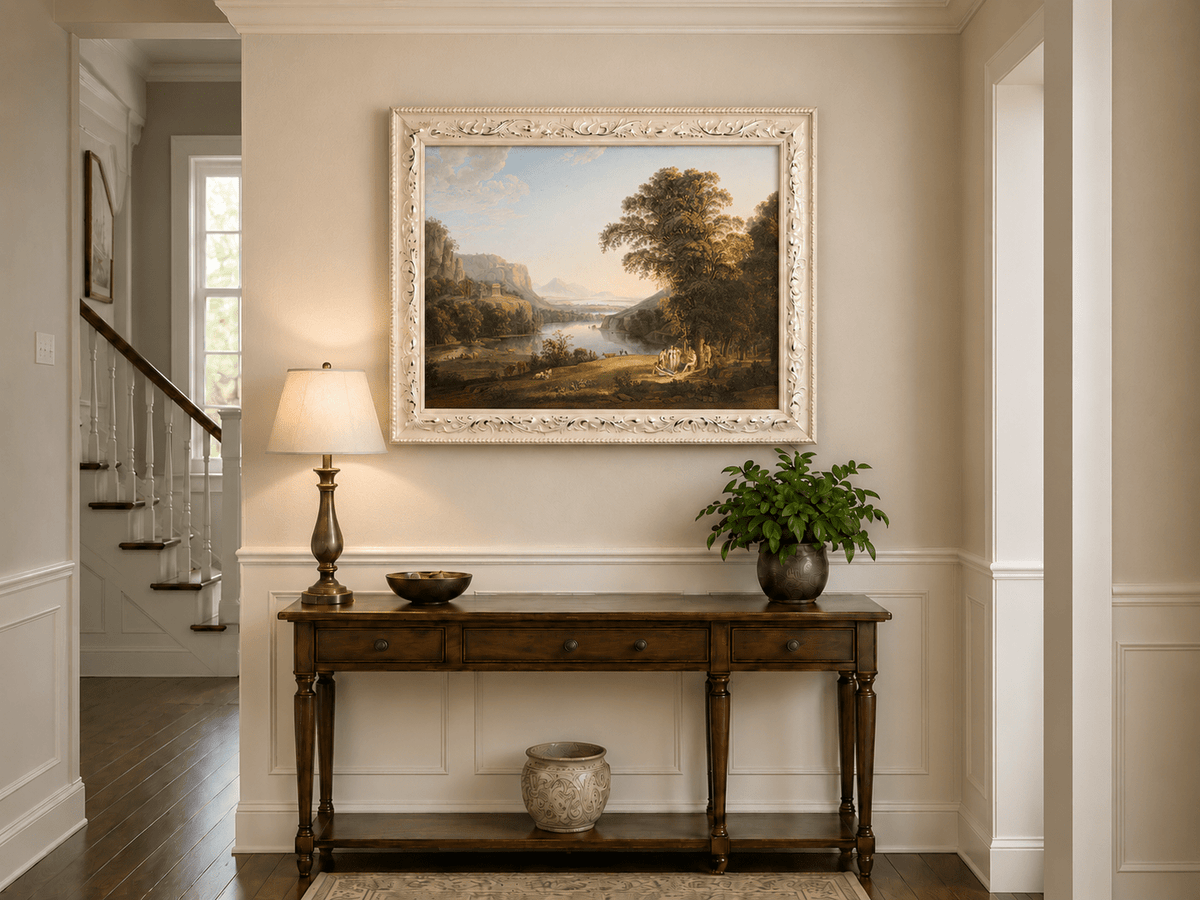 Hand-painted Classical Lake Valley with Figures landscape oil painting displayed as wall art in a styled interior