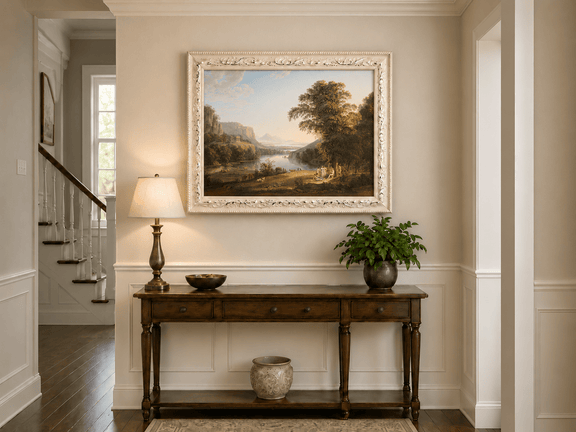 Hand-painted Classical Lake Valley with Figures landscape oil painting displayed as wall art in a styled interior