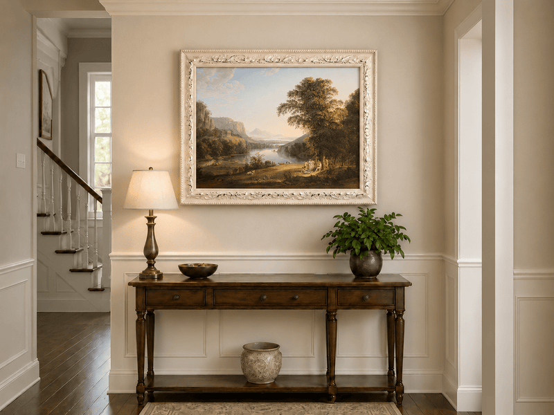 Hand-painted Classical Lake Valley with Figures landscape oil painting displayed as wall art in a styled interior