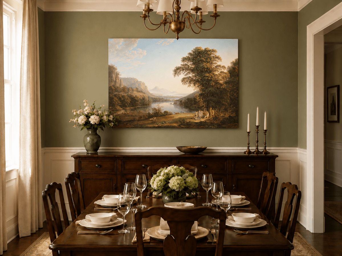 Hand-painted Classical Lake Valley with Figures landscape oil painting displayed as wall art in a styled interior