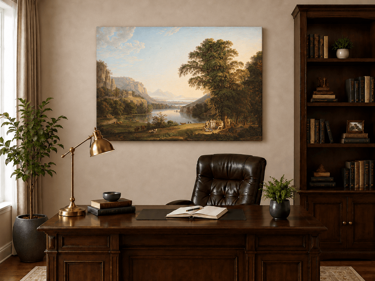 Hand-painted Classical Lake Valley with Figures landscape oil painting displayed as wall art in a styled interior