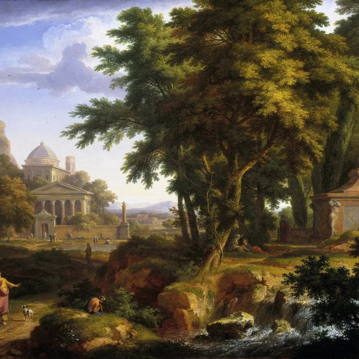 Landscape Oil Painting - Classical Landscape with Figures, Stream & Ruins - Oil Painting Haven