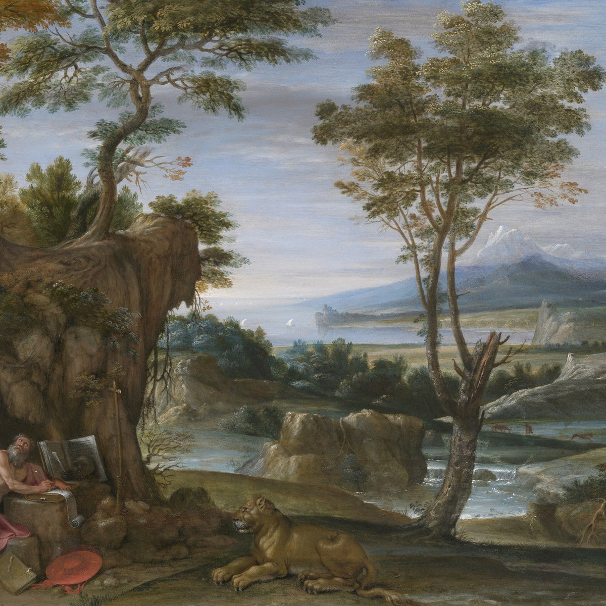Hand-painted classical landscape with saint and lion oil painting on canvas