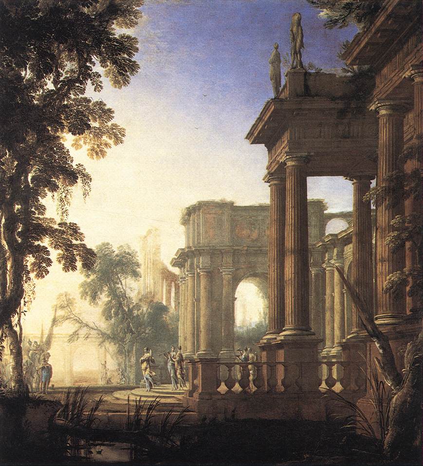 Hand-painted classical palace ruins in soft light landscape oil painting on canvas
