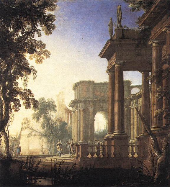 Hand-painted classical palace ruins in soft light landscape oil painting on canvas