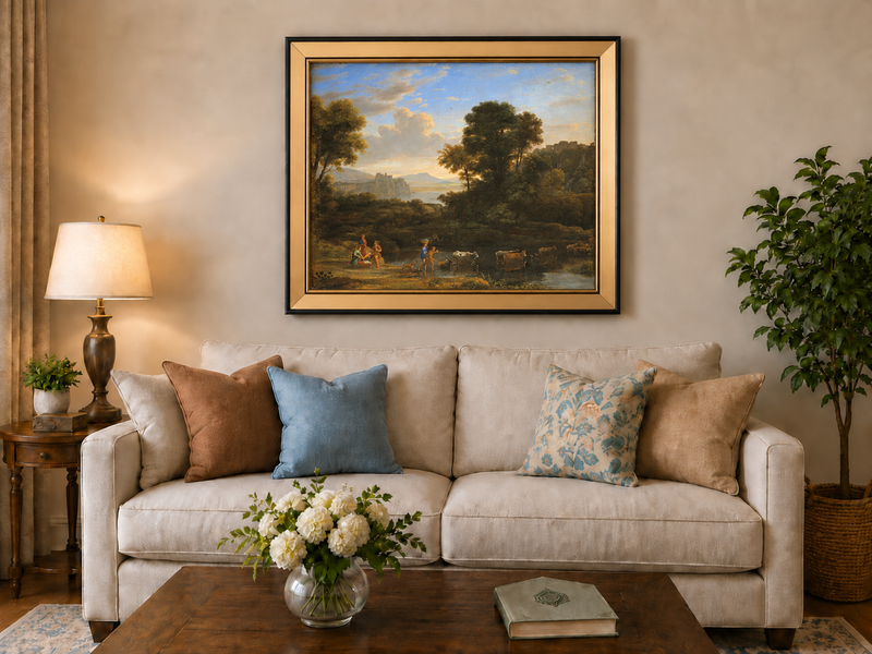 Hand-painted Classical Pastoral River with Cattle landscape oil painting displayed as wall art in a styled interior