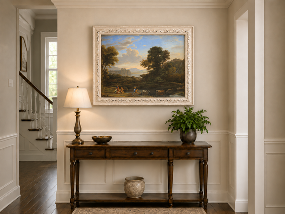 Hand-painted Classical Pastoral River with Cattle landscape oil painting displayed as wall art in a styled interior