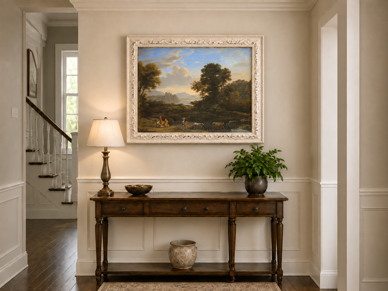 Hand-painted Classical Pastoral River with Cattle landscape oil painting displayed as wall art in a styled interior