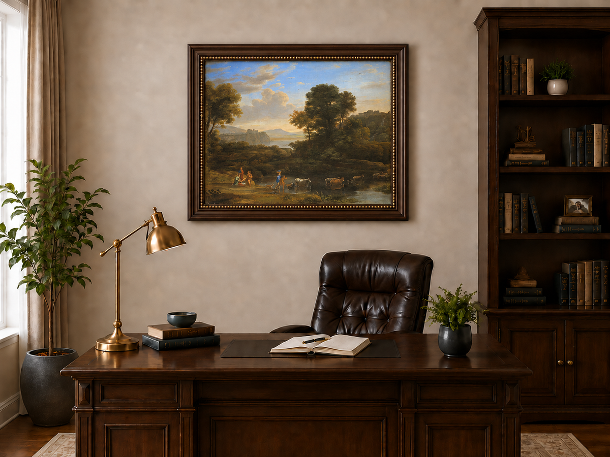 Hand-painted Classical Pastoral River with Cattle landscape oil painting displayed as wall art in a styled interior